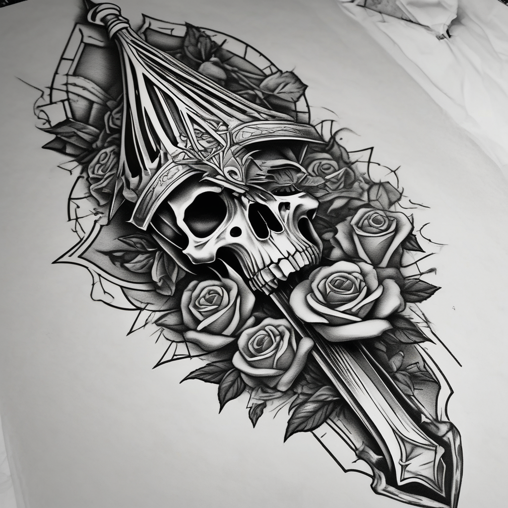 tattoo fool sleeve, old broken gothic home, broken sword, roses drake tattoos, diseño de tatuaje Blackwork generado con IA